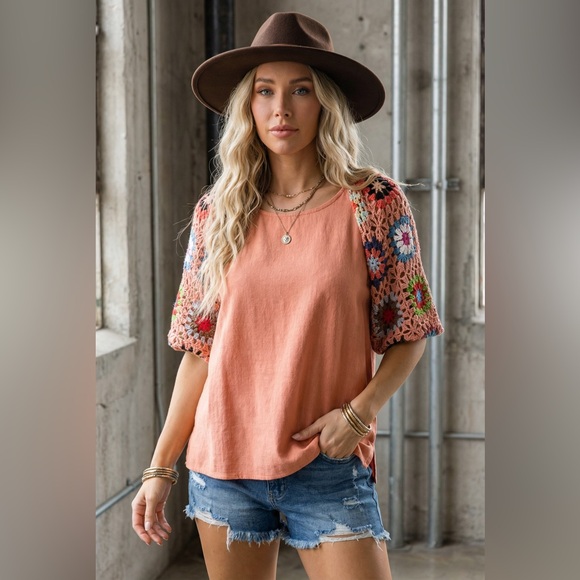 NWT UMGEE Boho Festival Hippie Granny Crochet Tile Linen Cotton Blend Top Shirt - Picture 2 of 8